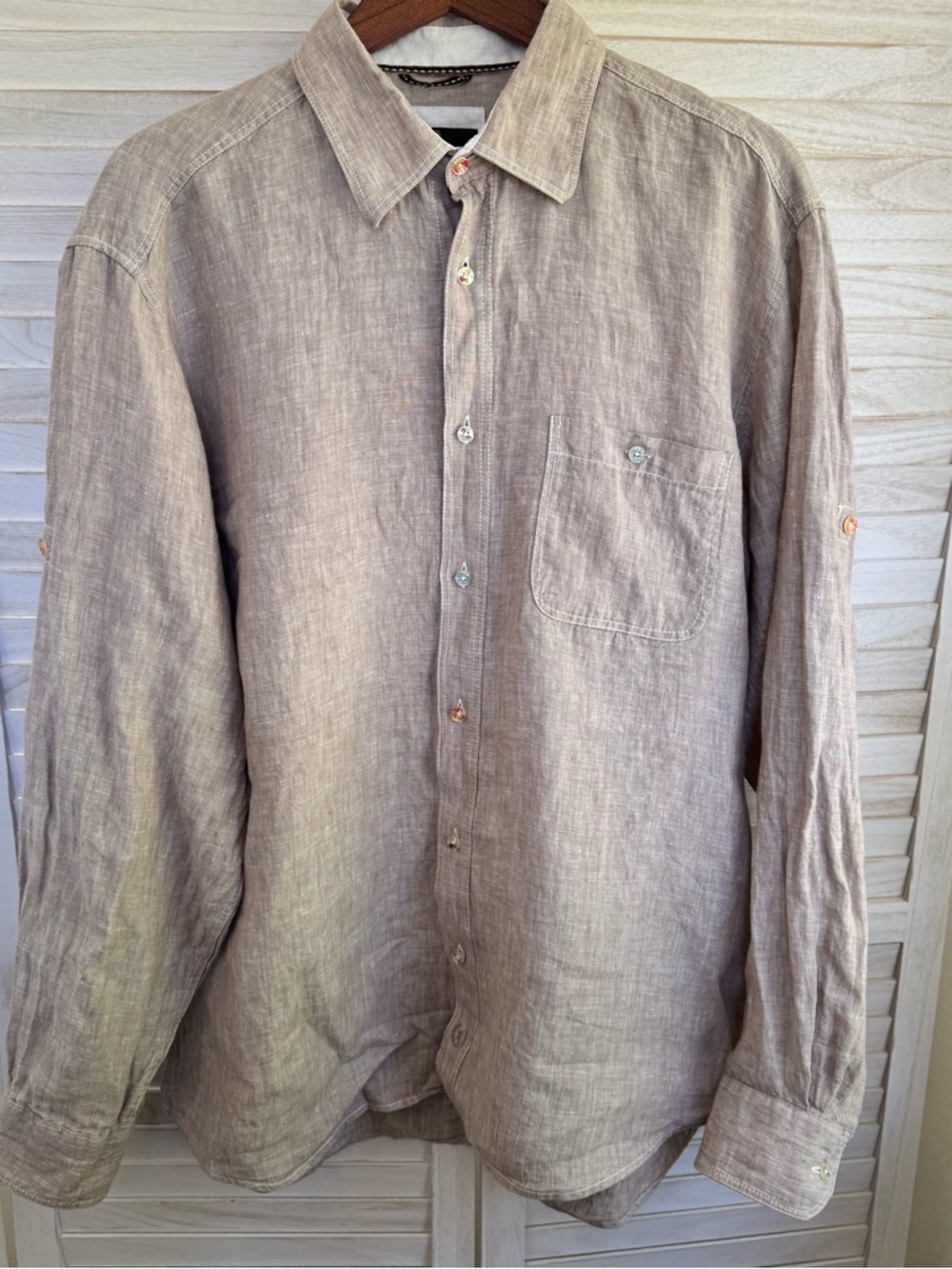 Bugatchi Uomo Linen Dress Shirt Mens XL Button Up Roll Tab Long Sleeve Brown